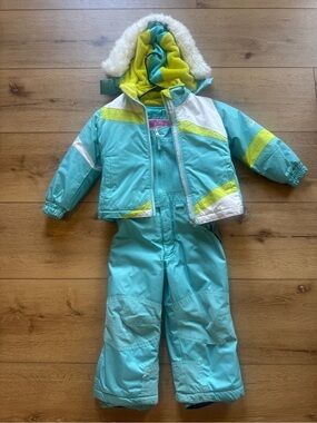 Weatherproof Kids Teal and Lime Snow Suit with Faux Fur Hood